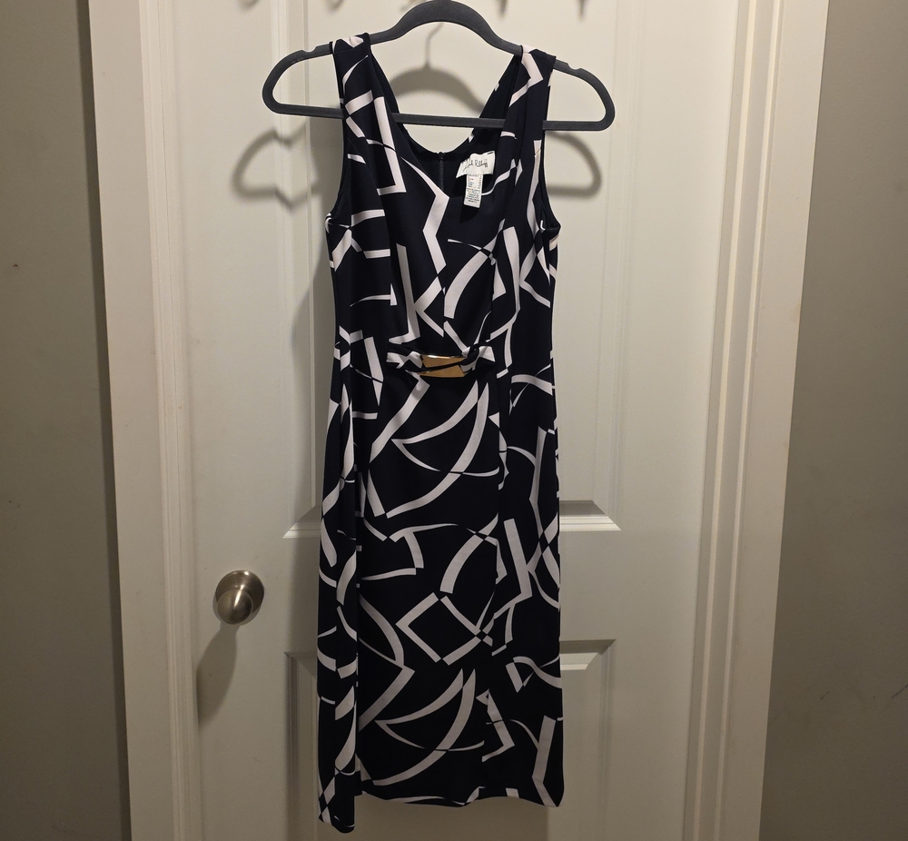 Joseph Ribkoff Black and White Geometric Sheath Dress with Gold Accent